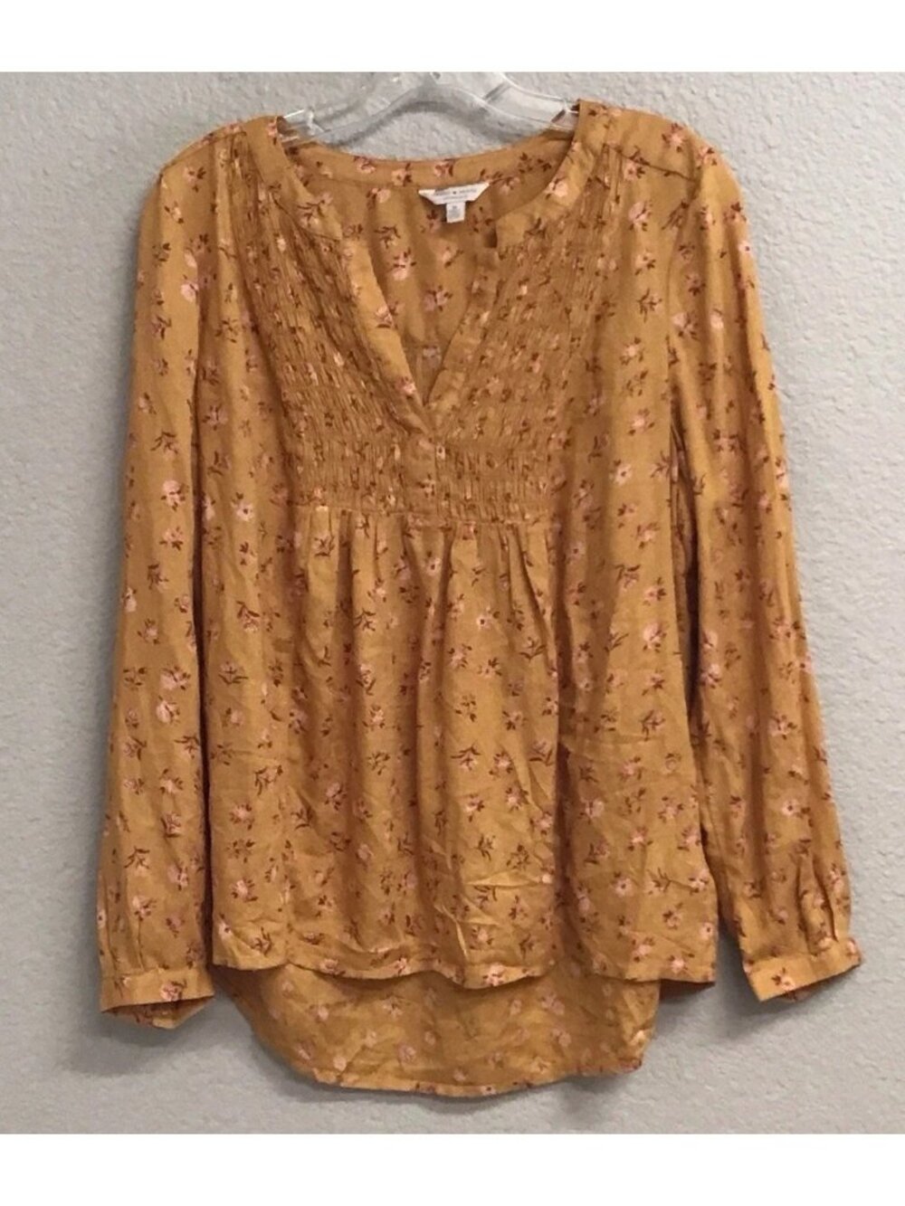 Lucky Brand Womens Mustard Floral Peasant Top Long Sleeve Size Medium